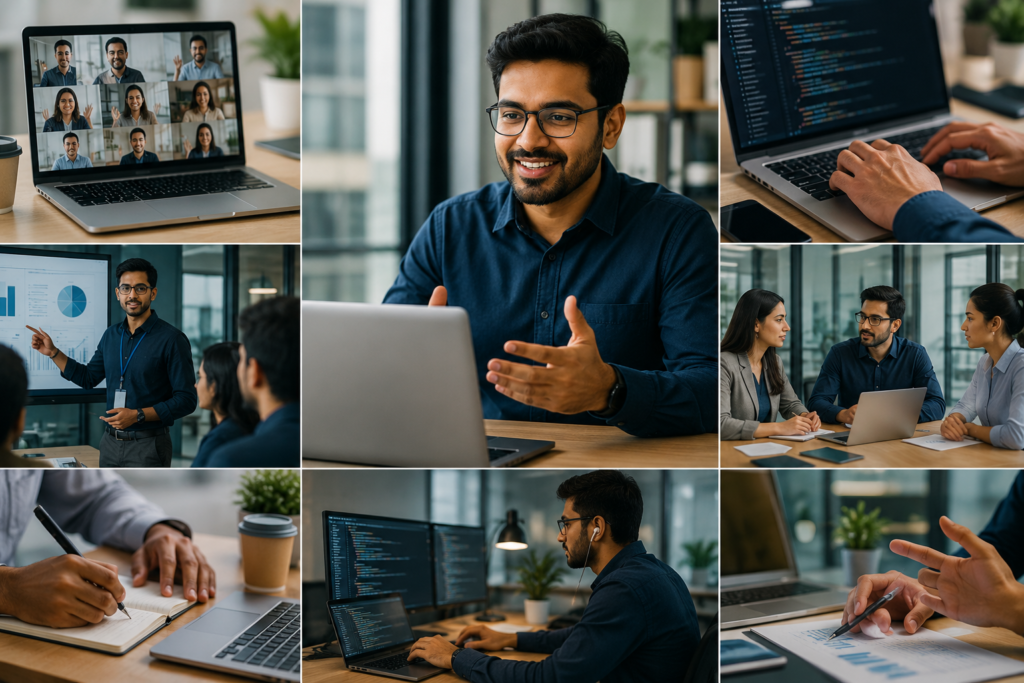 IT professional speaking confidently on a video call with his remote team