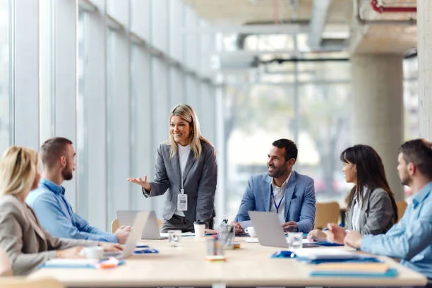 Professional presenting to senior leadership with executive presence