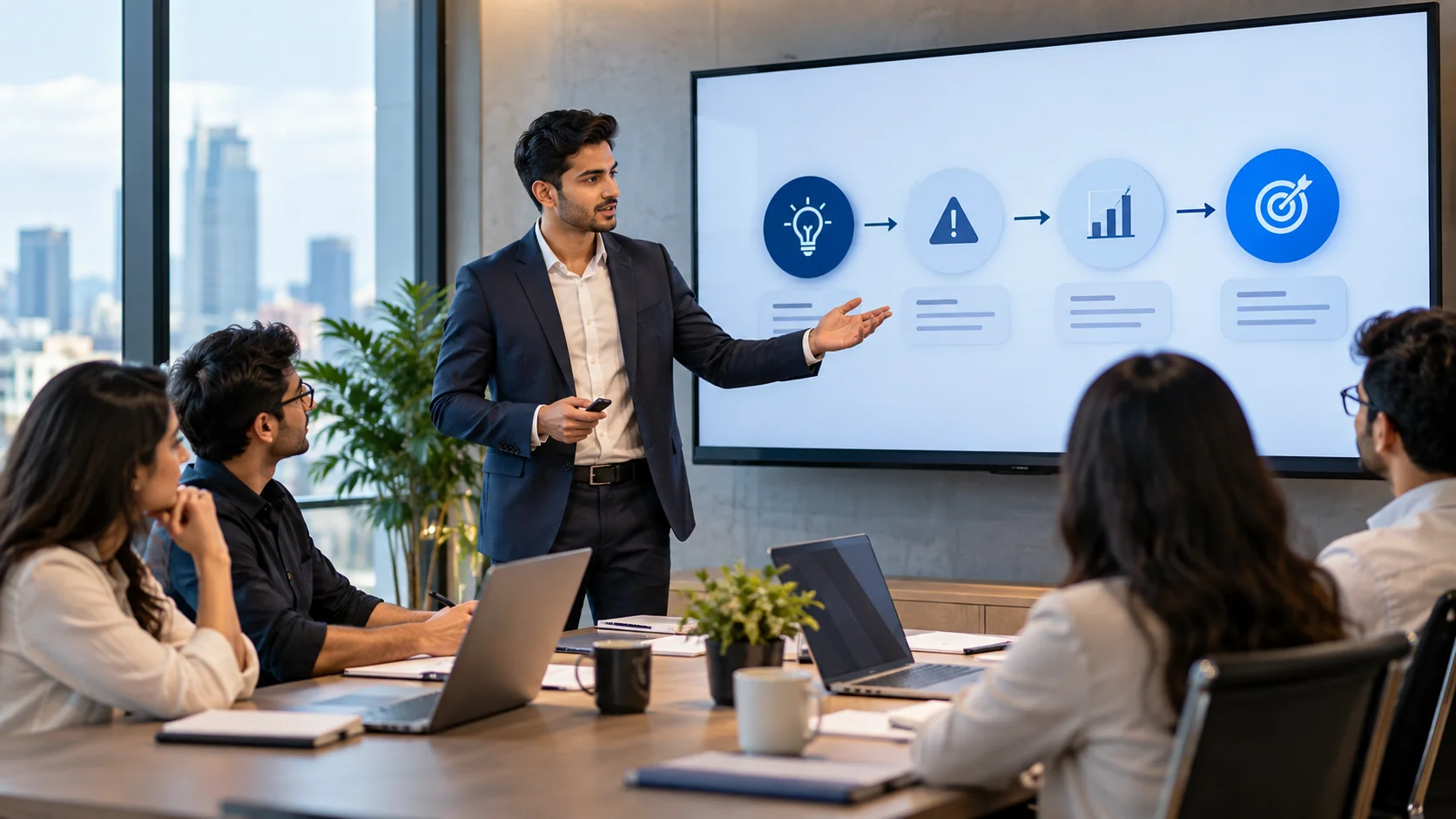 Professional presenting ideas clearly to colleagues in a modern office meeting